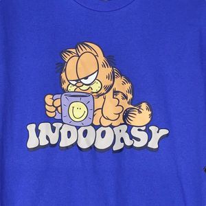 Garfield Womens T Shirt Top Juniors M Blue Indoorsy Coffee Crazy Cat Lady NEW